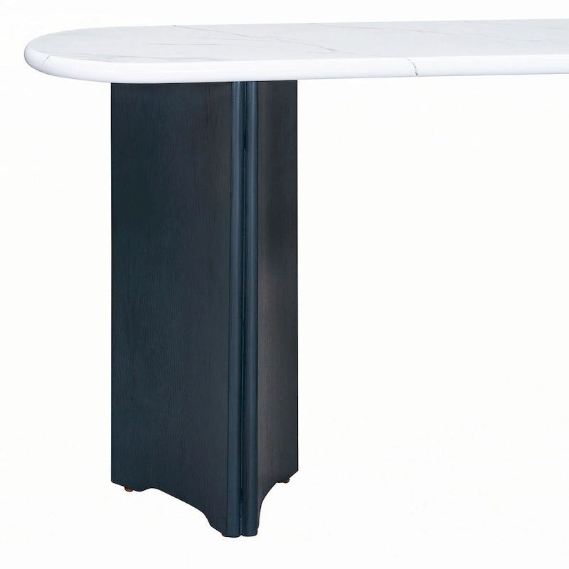 Console étroite imitation marbre avec pieds en bois — Bleu marine et blanc