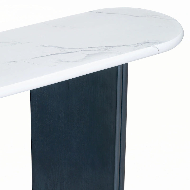 Console étroite imitation marbre avec pieds en bois — Bleu marine et blanc