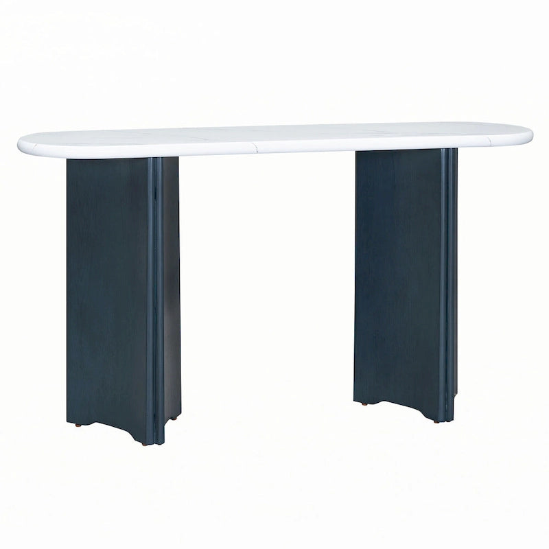 Console étroite imitation marbre avec pieds en bois — Bleu marine et blanc