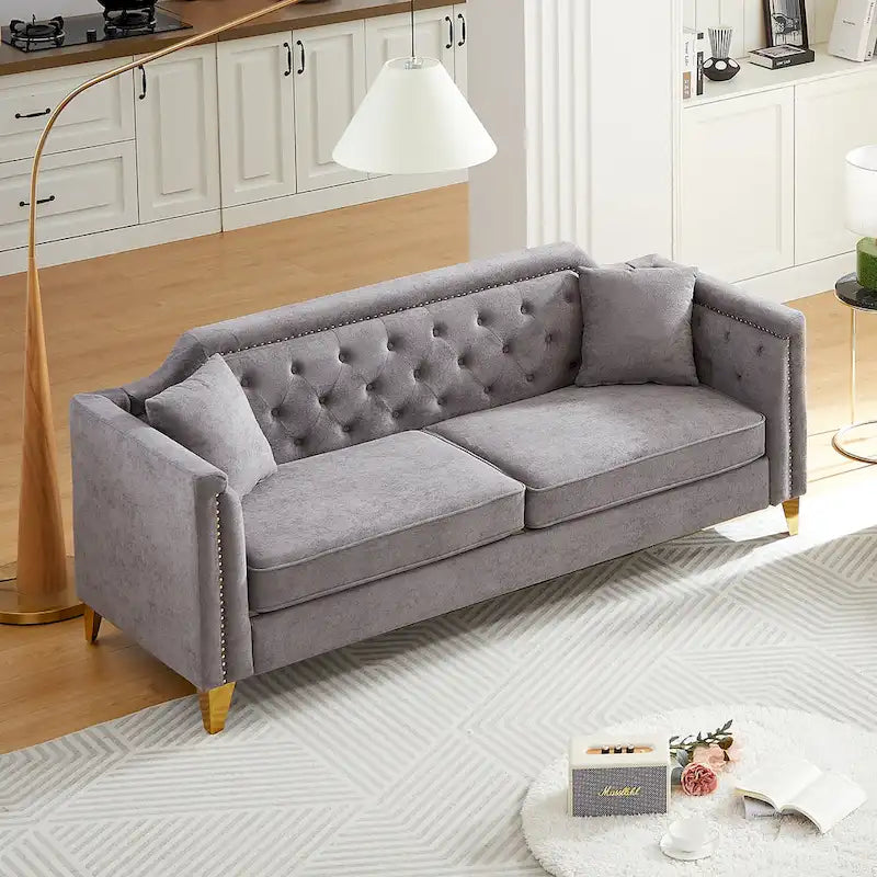 Canapé en tissu chenille Mid-Century Modern avec pieds en métal doré et clous décoratifs