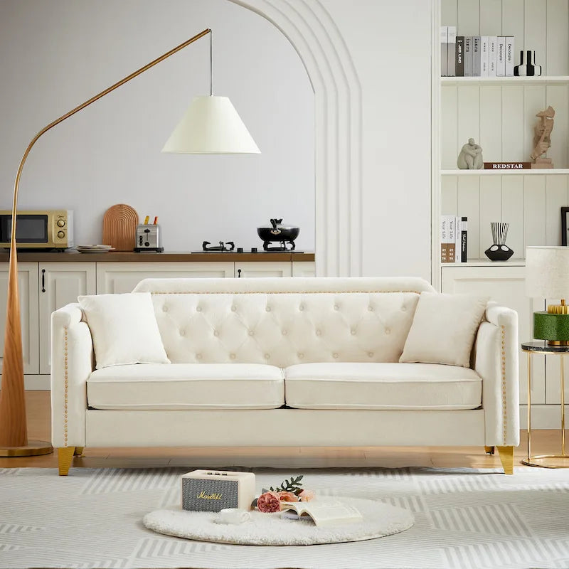 Canapé en tissu chenille Mid-Century Modern avec pieds en métal doré et clous décoratifs