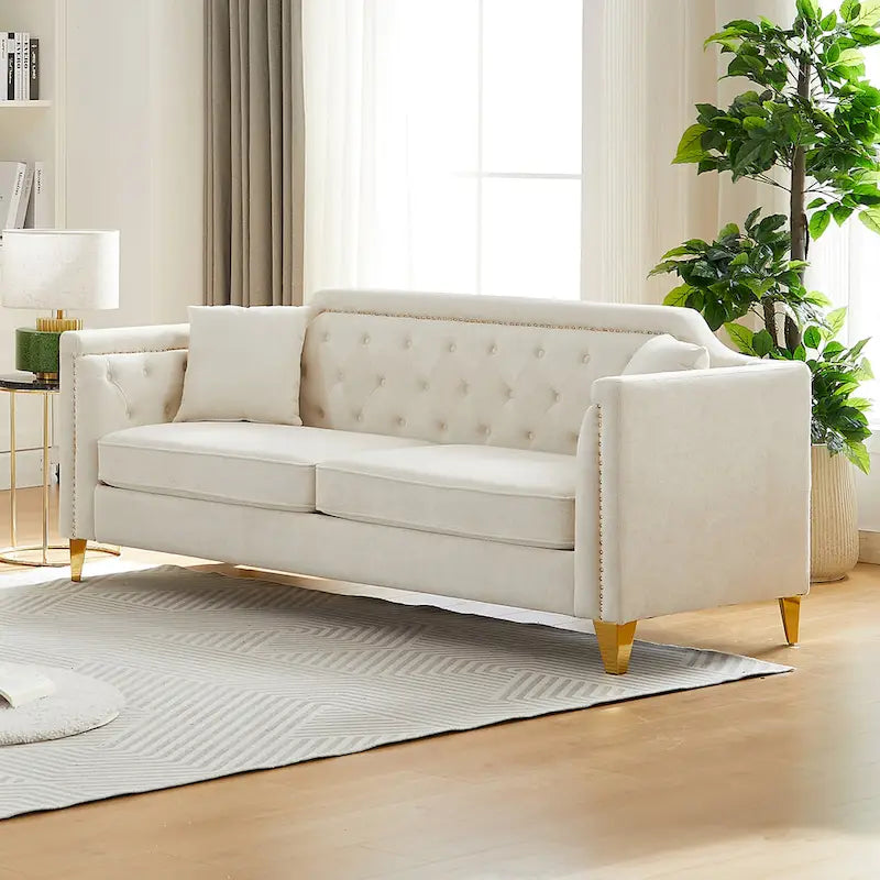 Canapé en tissu chenille Mid-Century Modern avec pieds en métal doré et clous décoratifs