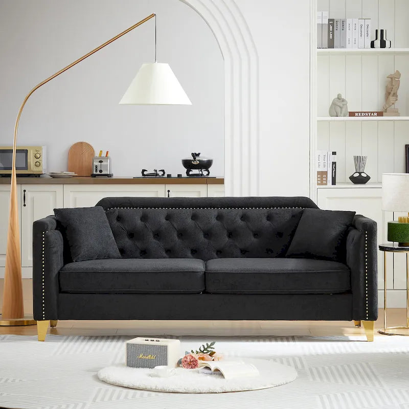Canapé en tissu chenille Mid-Century Modern avec pieds en métal doré et clous décoratifs