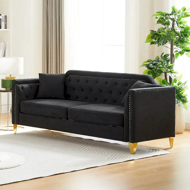 Canapé en tissu chenille Mid-Century Modern avec pieds en métal doré et clous décoratifs
