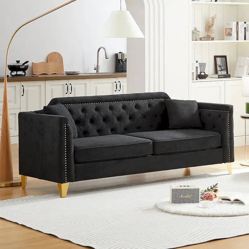 Canapé en tissu chenille Mid-Century Modern avec pieds en métal doré et clous décoratifs