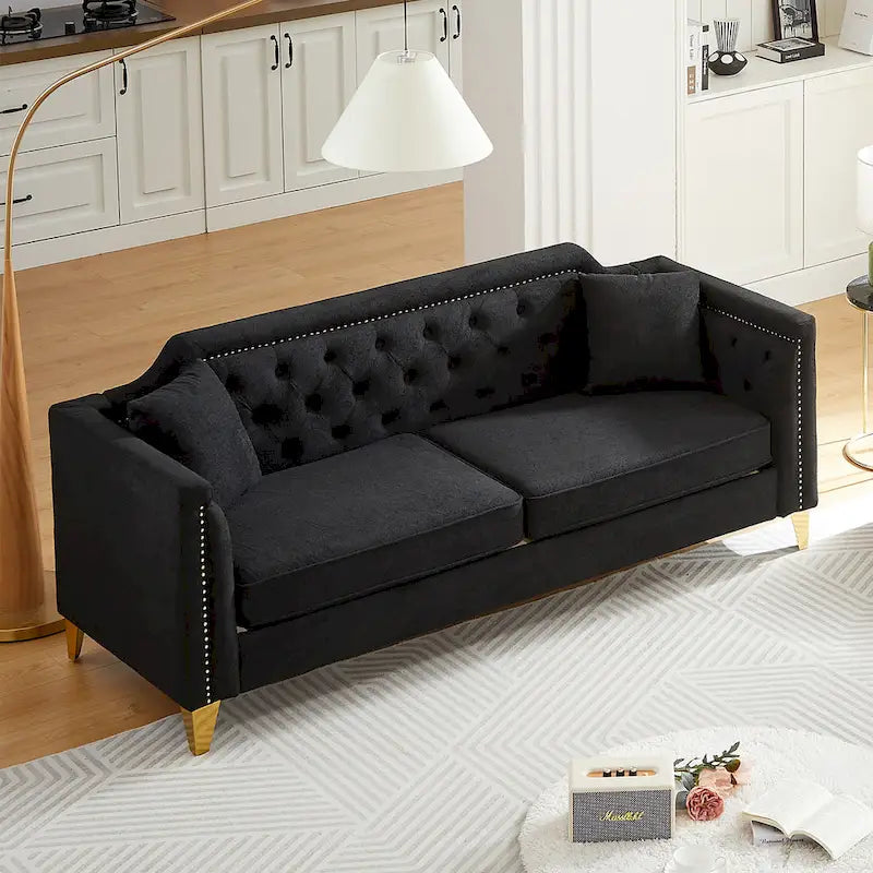 Canapé en tissu chenille Mid-Century Modern avec pieds en métal doré et clous décoratifs