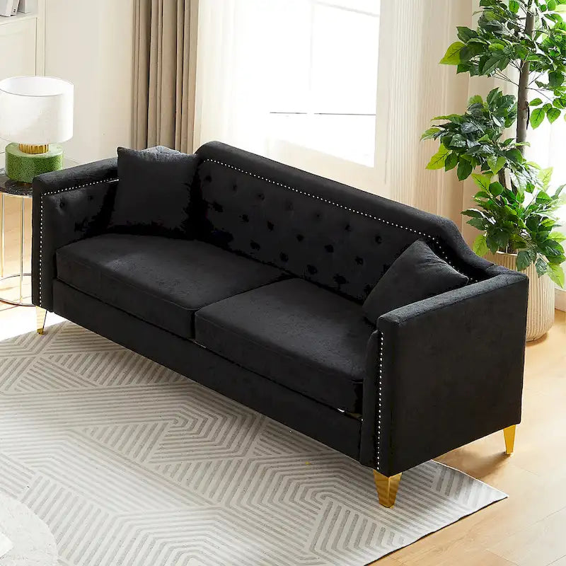 Canapé en tissu chenille Mid-Century Modern avec pieds en métal doré et clous décoratifs