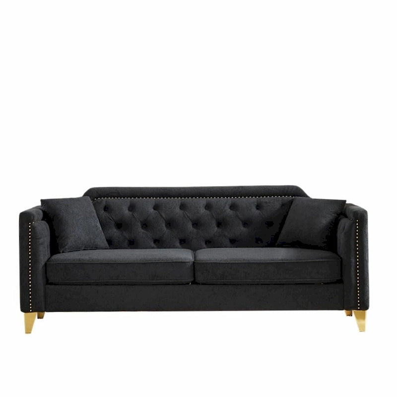 Canapé en tissu chenille Mid-Century Modern avec pieds en métal doré et clous décoratifs