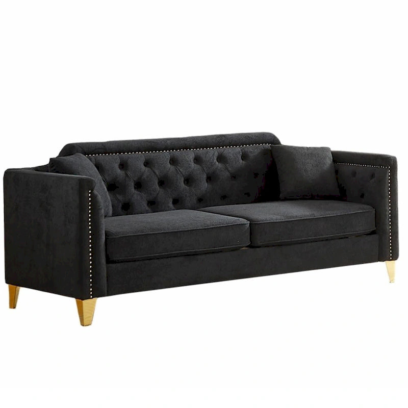 Canapé en tissu chenille Mid-Century Modern avec pieds en métal doré et clous décoratifs