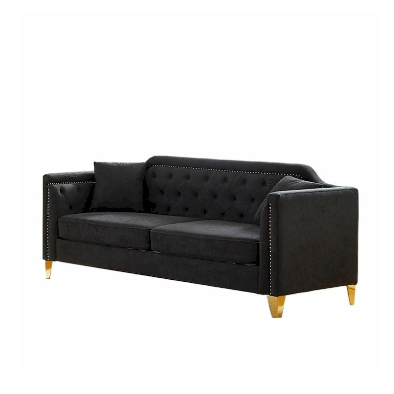 Canapé en tissu chenille Mid-Century Modern avec pieds en métal doré et clous décoratifs