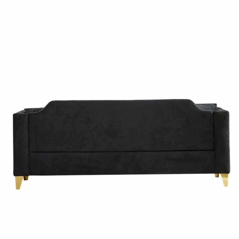 Canapé en tissu chenille Mid-Century Modern avec pieds en métal doré et clous décoratifs