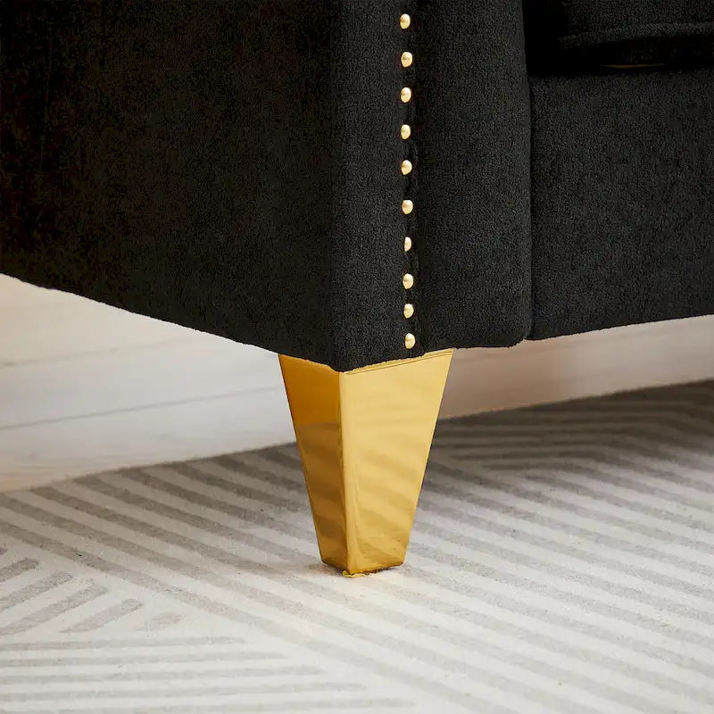 Canapé en tissu chenille Mid-Century Modern avec pieds en métal doré et clous décoratifs