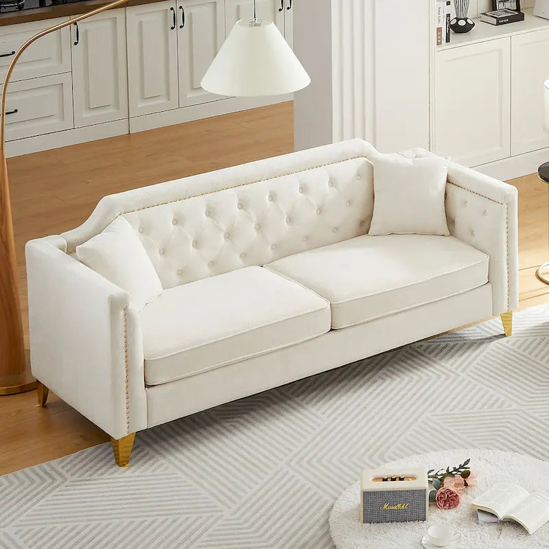 Canapé en tissu chenille Mid-Century Modern avec pieds en métal doré et clous décoratifs