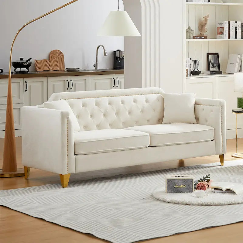 Canapé en tissu chenille Mid-Century Modern avec pieds en métal doré et clous décoratifs