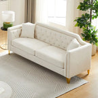 Canapé en tissu chenille Mid-Century Modern avec pieds en métal doré et clous décoratifs