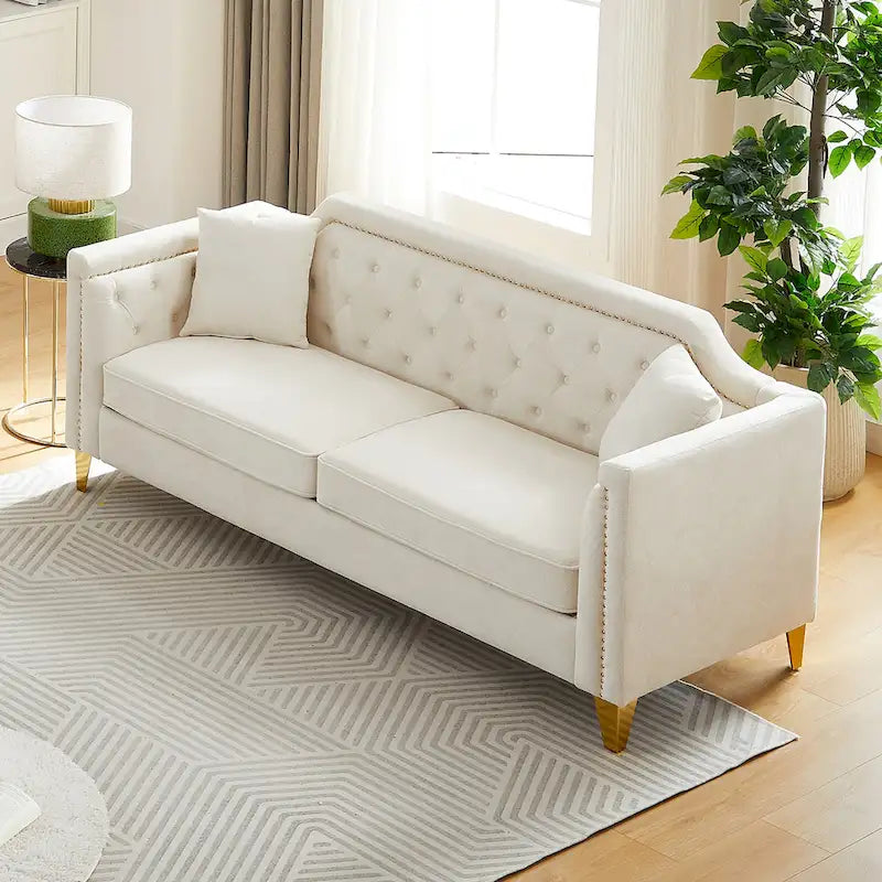 Canapé en tissu chenille Mid-Century Modern avec pieds en métal doré et clous décoratifs