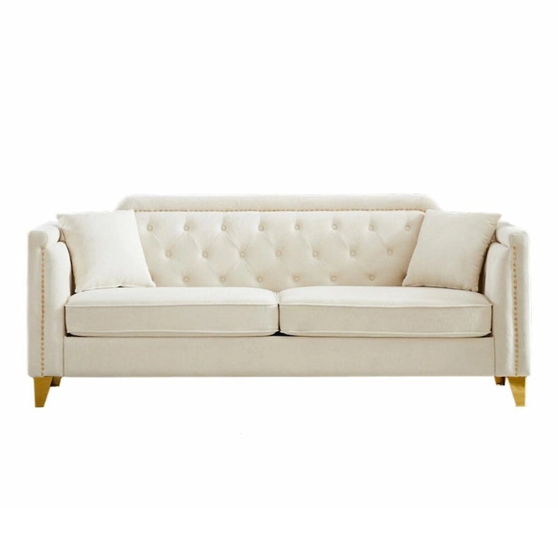 Canapé en tissu chenille Mid-Century Modern avec pieds en métal doré et clous décoratifs
