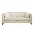 Canapé en tissu chenille Mid-Century Modern avec pieds en métal doré et clous décoratifs