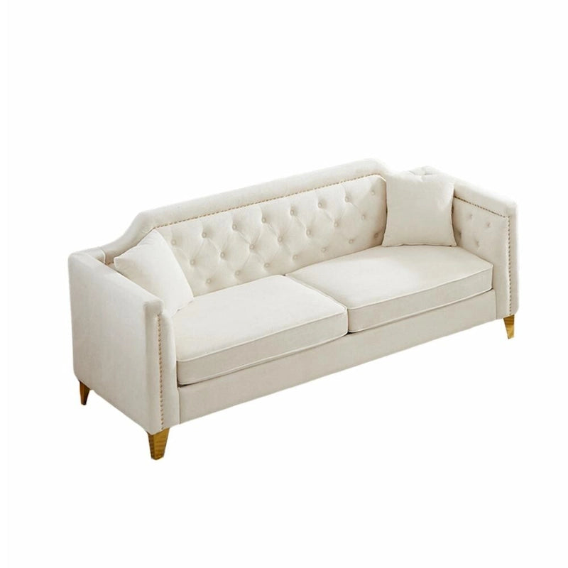 Canapé en tissu chenille Mid-Century Modern avec pieds en métal doré et clous décoratifs