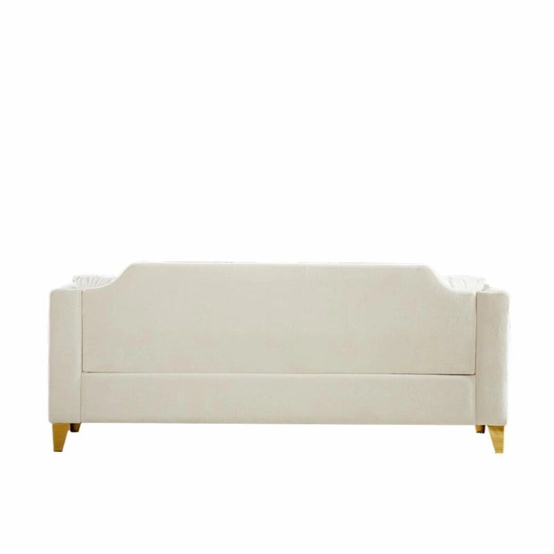 Canapé en tissu chenille Mid-Century Modern avec pieds en métal doré et clous décoratifs