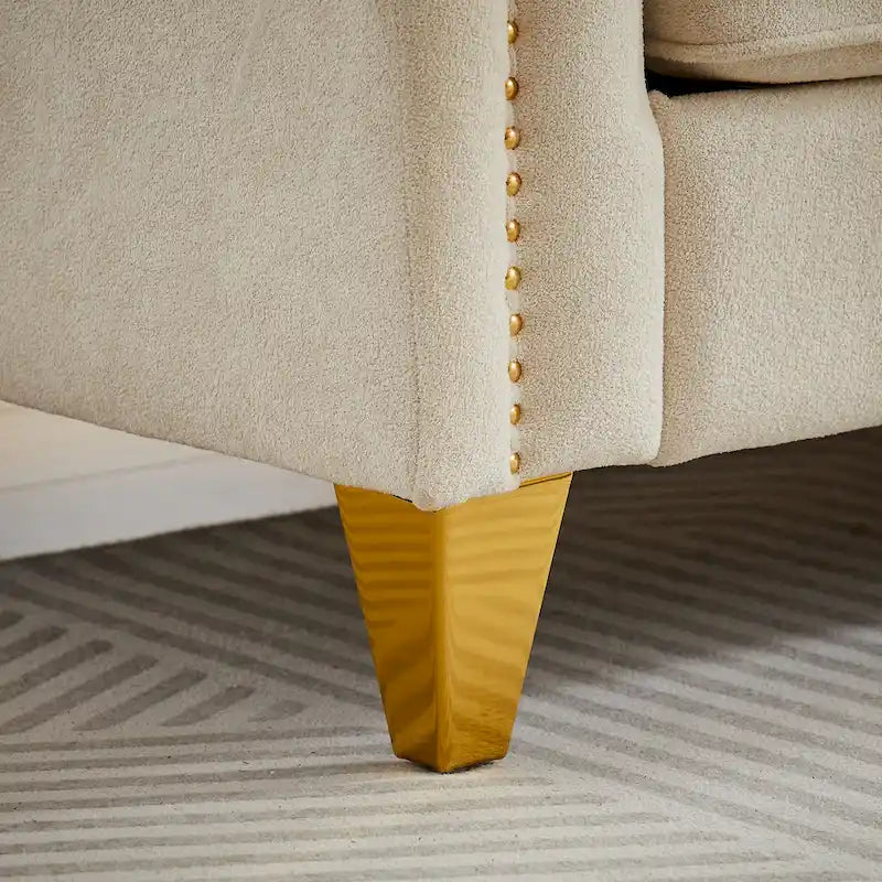 Canapé en tissu chenille Mid-Century Modern avec pieds en métal doré et clous décoratifs