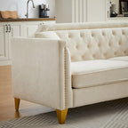 Canapé en tissu chenille Mid-Century Modern avec pieds en métal doré et clous décoratifs