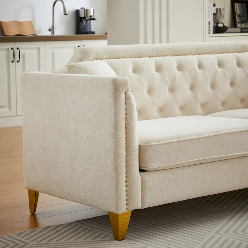Canapé en tissu chenille Mid-Century Modern avec pieds en métal doré et clous décoratifs