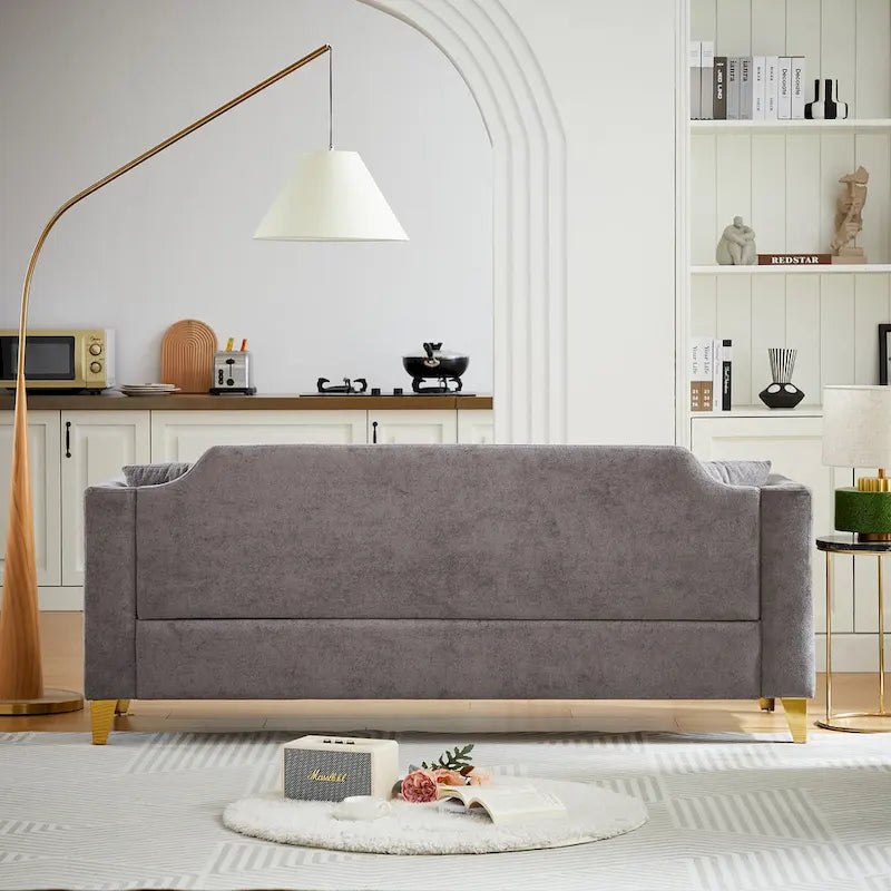 Canapé en tissu chenille Mid-Century Modern avec pieds en métal doré et clous décoratifs