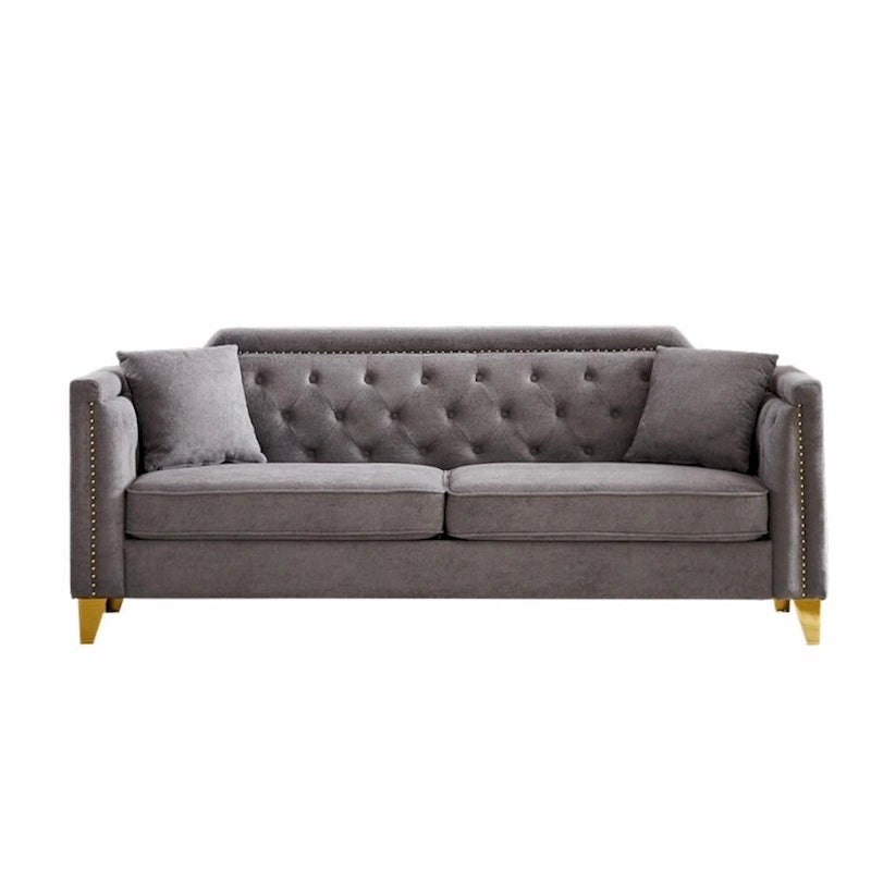 Canapé en tissu chenille Mid-Century Modern avec pieds en métal doré et clous décoratifs