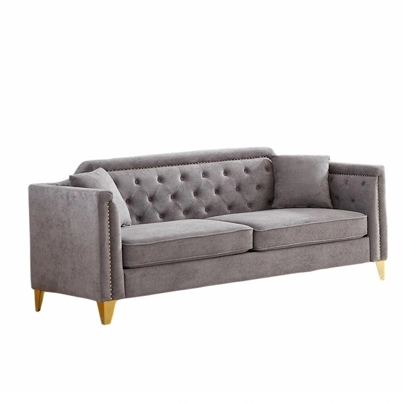 Canapé en tissu chenille Mid-Century Modern avec pieds en métal doré et clous décoratifs