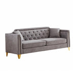 Canapé en tissu chenille Mid-Century Modern avec pieds en métal doré et clous décoratifs