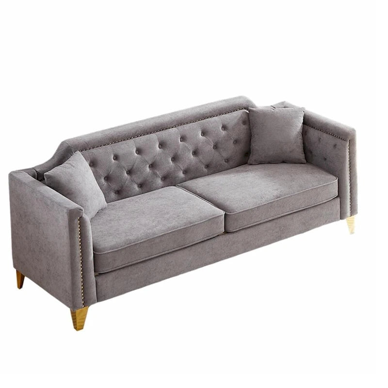 Canapé en tissu chenille Mid-Century Modern avec pieds en métal doré et clous décoratifs