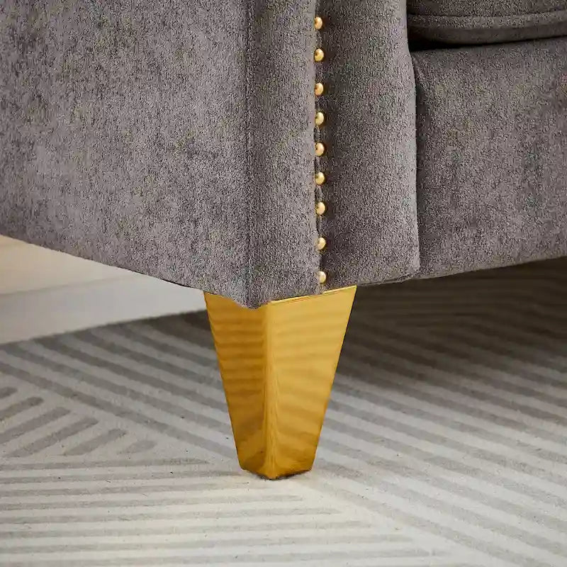Canapé en tissu chenille Mid-Century Modern avec pieds en métal doré et clous décoratifs