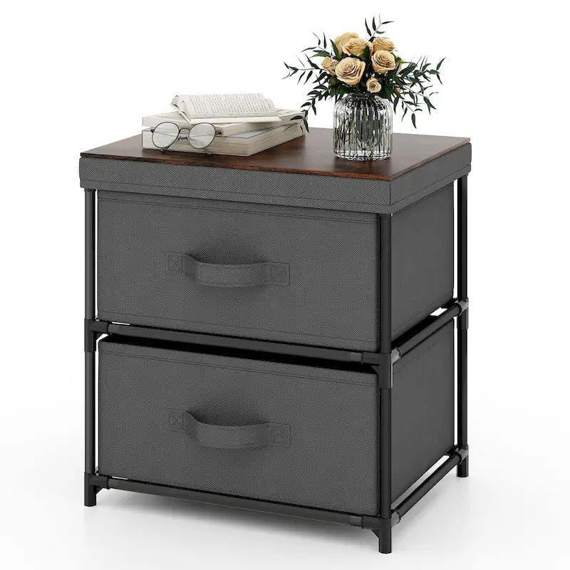 Table de chevet en tissu à 2 tiroirs avec cadre en métal, assemblage sans outils