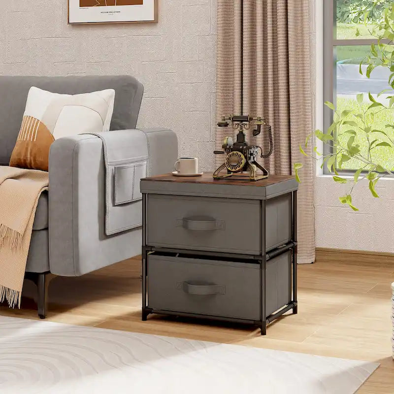 Table de chevet en tissu à 2 tiroirs avec cadre en métal, assemblage sans outils