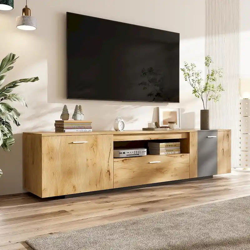 Meuble TV moderne de 70,86 po avec placards à double porte, tiroir et étagère en verre