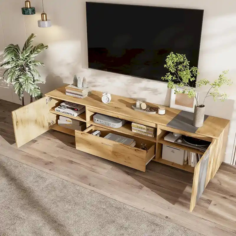 Meuble TV moderne de 70,86 po avec placards à double porte, tiroir et étagère en verre