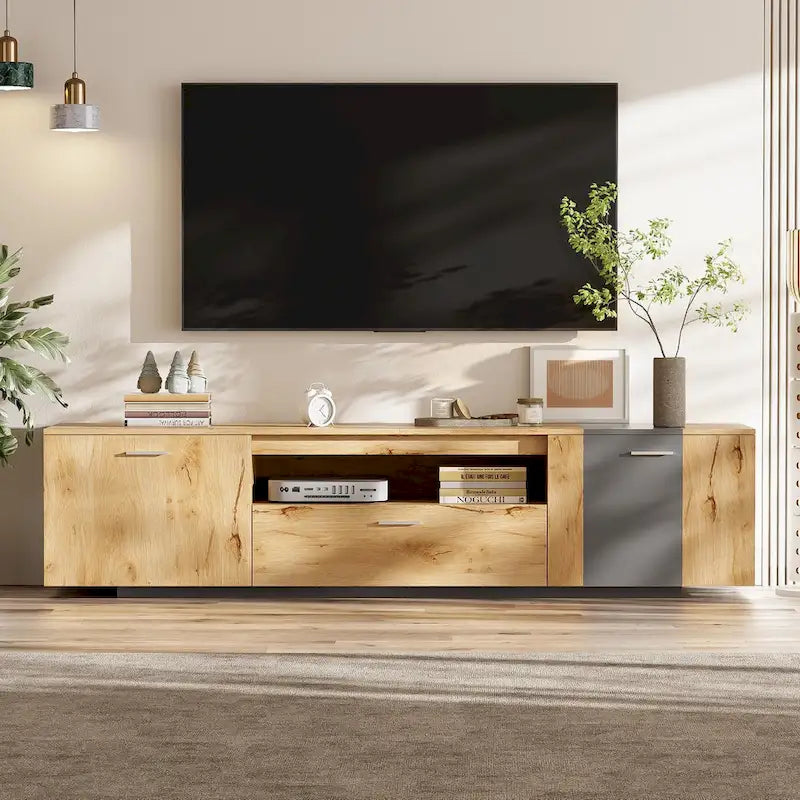 Meuble TV moderne de 70,86 po avec placards à double porte, tiroir et étagère en verre