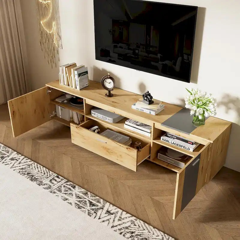 Meuble TV moderne de 70,86 po avec placards à double porte, tiroir et étagère en verre