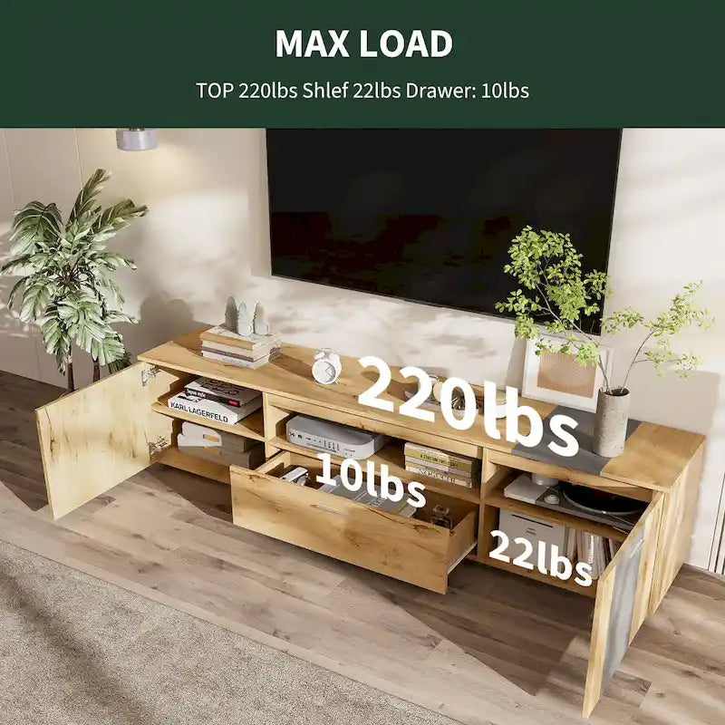 Meuble TV moderne de 70,86 po avec placards à double porte, tiroir et étagère en verre
