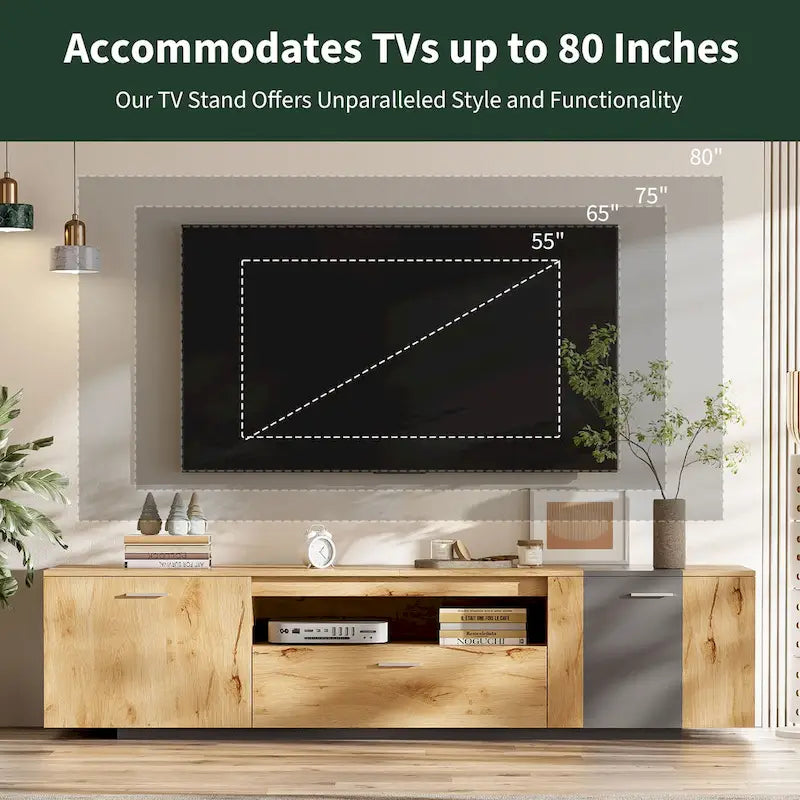 Meuble TV moderne de 70,86 po avec placards à double porte, tiroir et étagère en verre