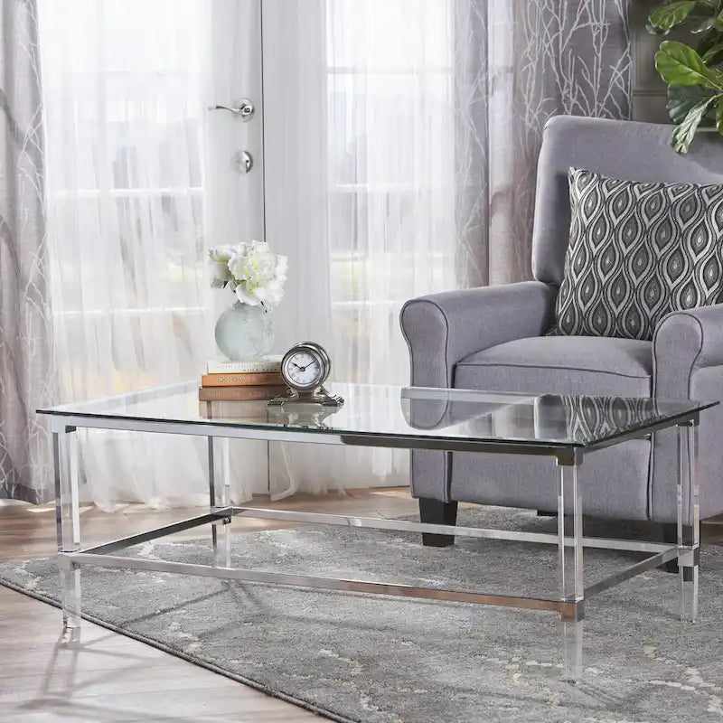 Table basse rectangulaire moderne de 48" en verre trempé avec cadre en acrylique