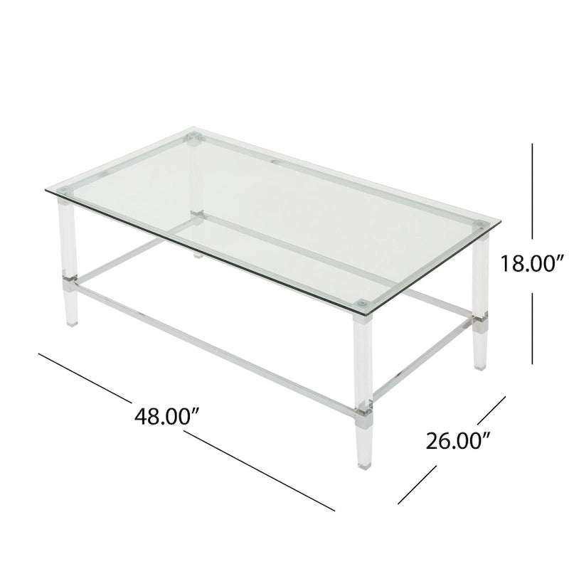 Table basse rectangulaire moderne de 48" en verre trempé avec cadre en acrylique