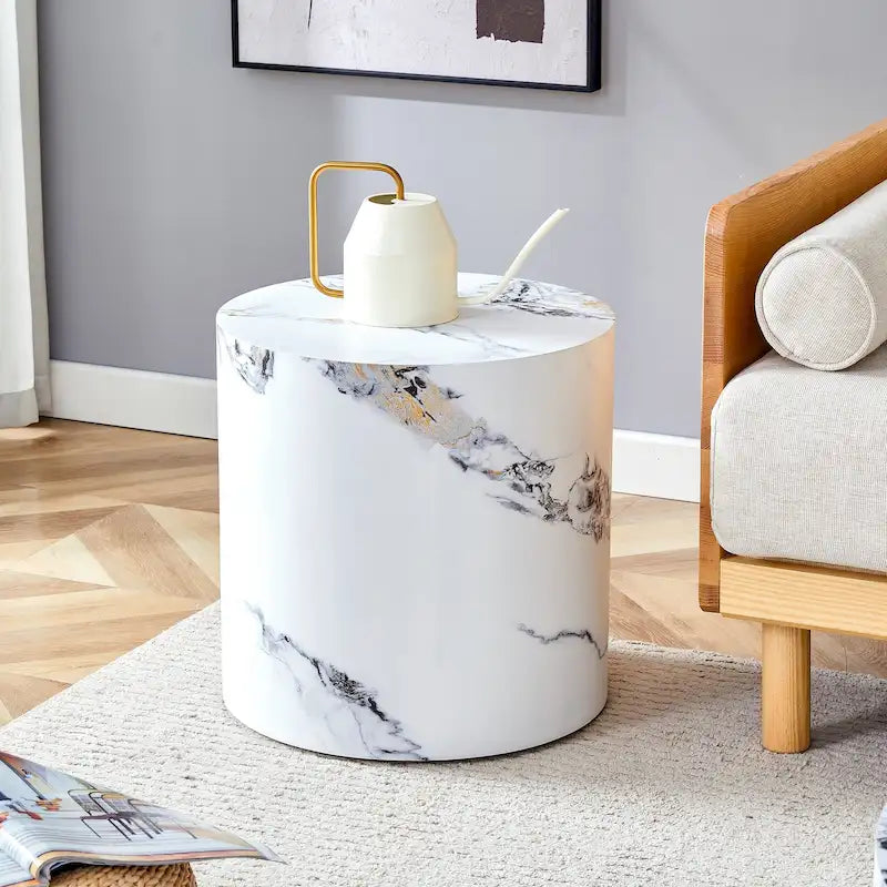 Table basse ronde moderne de 15,7 po avec plateau à motifs et base cylindrique