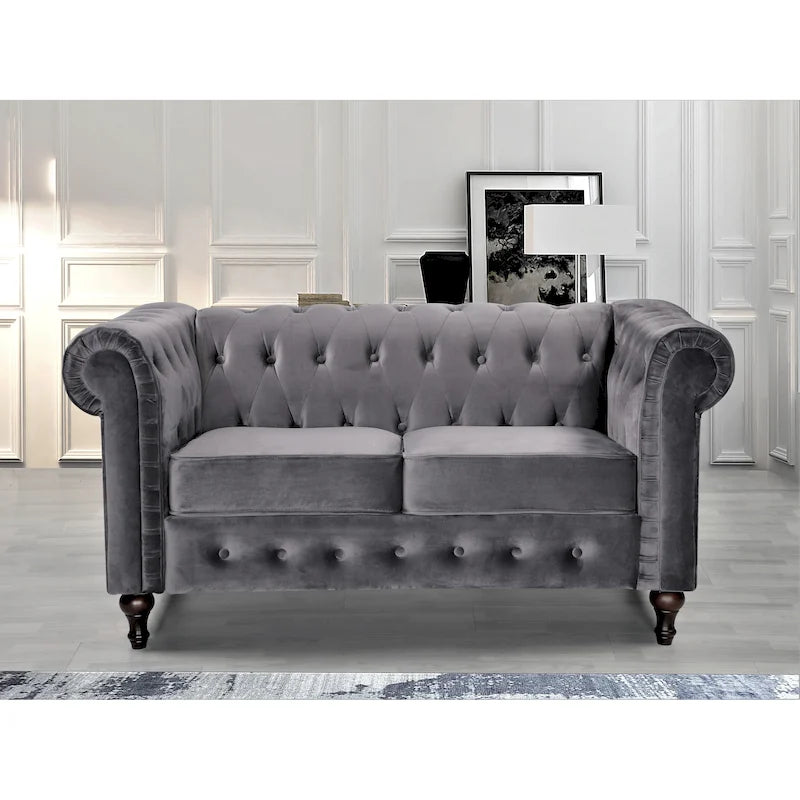Causeuse Chesterfield en velours avec capitonnage en losanges et accoudoirs roulés