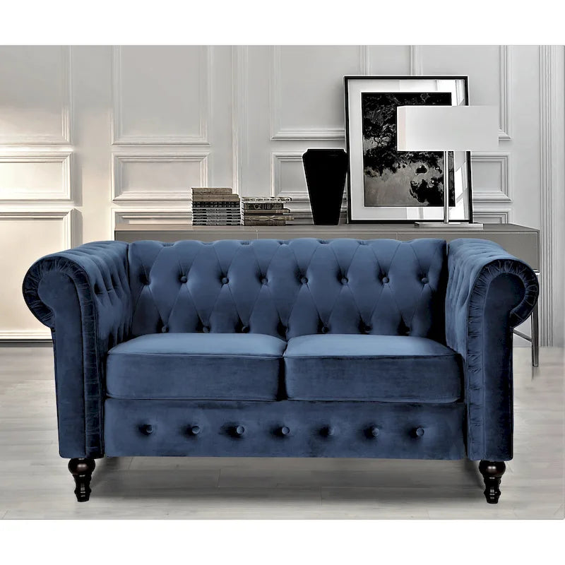 Causeuse Chesterfield en velours avec capitonnage en losanges et accoudoirs roulés