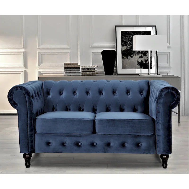 Causeuse Chesterfield en velours avec capitonnage en losanges et accoudoirs roulés