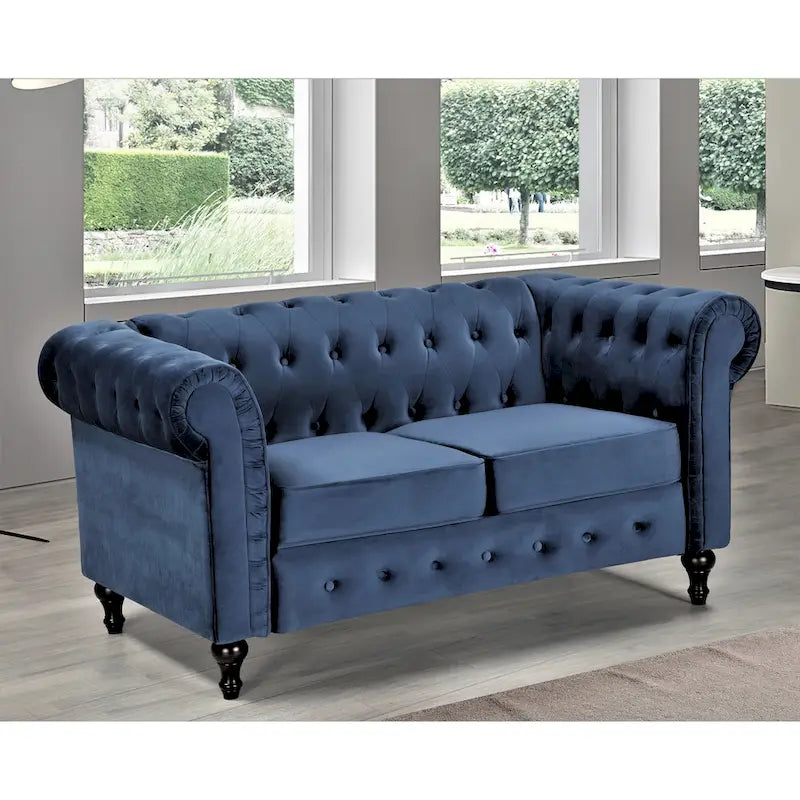Causeuse Chesterfield en velours avec capitonnage en losanges et accoudoirs roulés