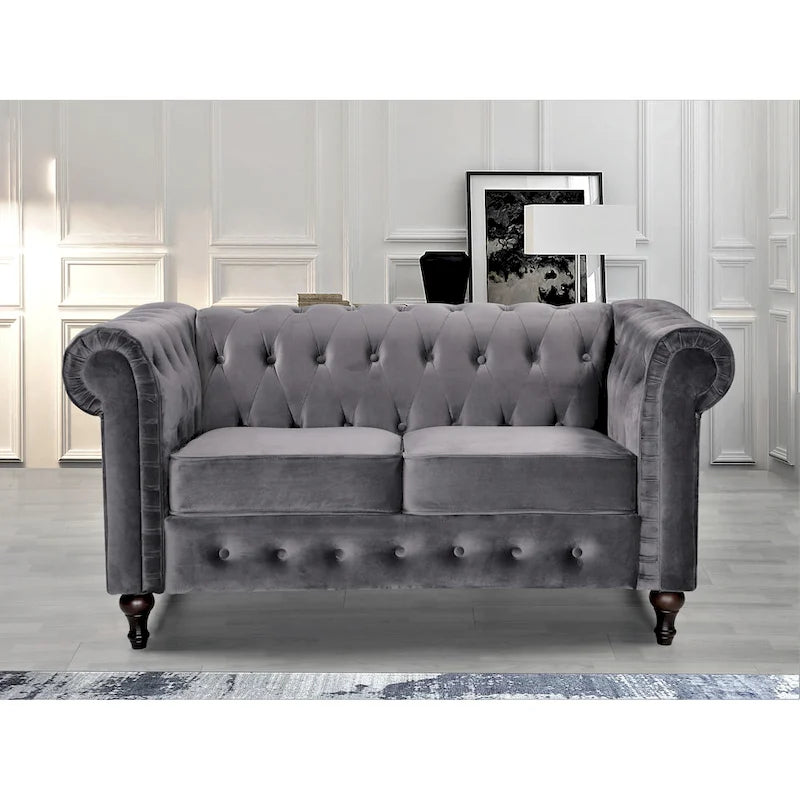 Causeuse Chesterfield en velours avec capitonnage en losanges et accoudoirs roulés