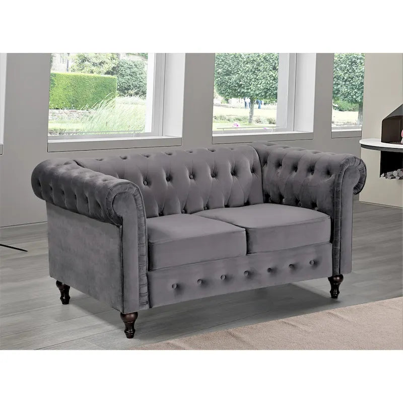 Causeuse Chesterfield en velours avec capitonnage en losanges et accoudoirs roulés